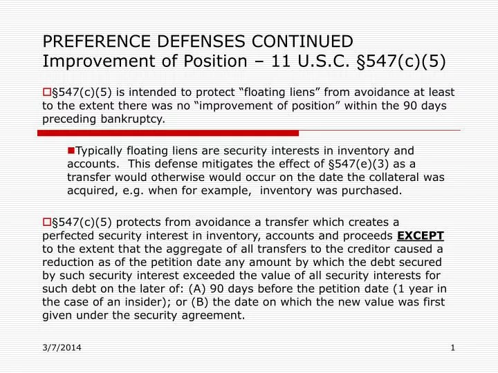 preference defenses continued improvement of position 11 u s c 547 c 5