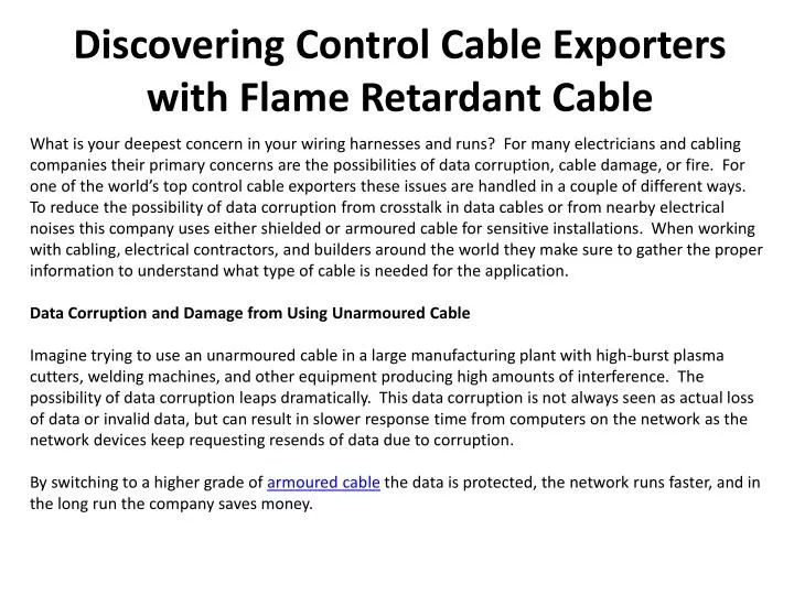 discovering control cable exporters with flame retardant cable
