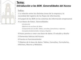 Tema: Introducción a las BDR. Generalidades del Access