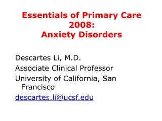 Essentials of Primary Care 2008: Anxiety Disorders
