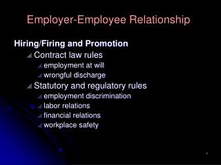 Employer-Employee Relationship Hiring/Firing and Promotion Contract law rules employment at will wrongful discharge