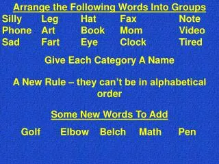 Arrange the Following Words Into Groups Silly	Leg		Hat		Fax			Note Phone	Art		Book	Mom		Video Sad		Fart		Eye		Clock		Tir