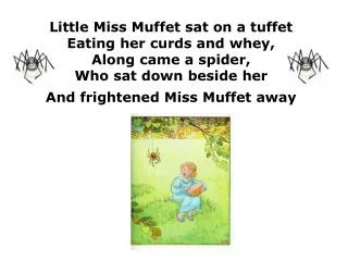 Little Miss Muffet sat on a tuffet Eating her curds and whey, Along came a spider, Who sat down beside her And frightene