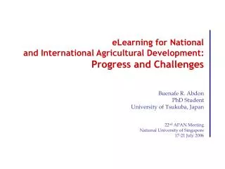 eLearning for National and International Agricultural Development: Progress and Challenges
