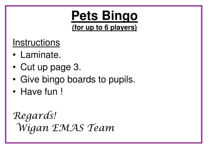 pets bingo for up to 6 players