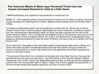 Pan American Metals of Miami says Perceived Threat from Iran