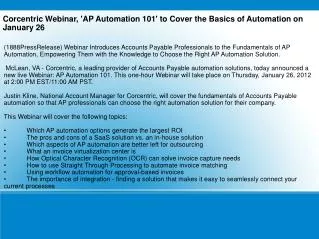 Corcentric Webinar, 'AP Automation 101' to Cover the Basics