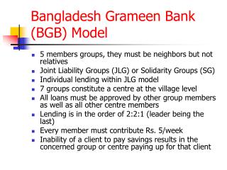 Bangladesh Grameen Bank (BGB) Model