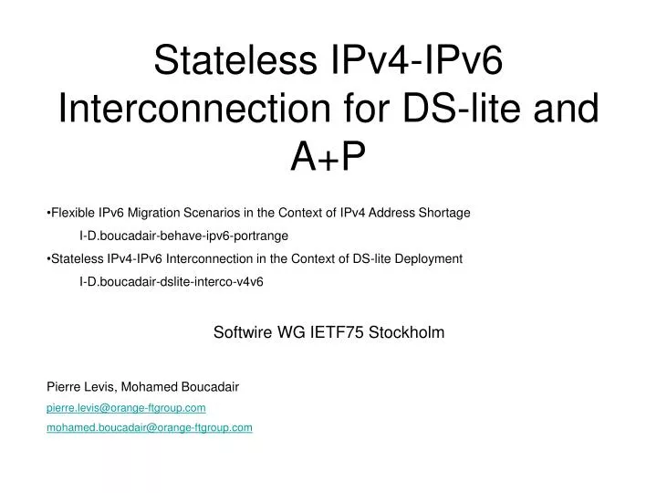 stateless ipv4 ipv6 interconnection for ds lite and a p