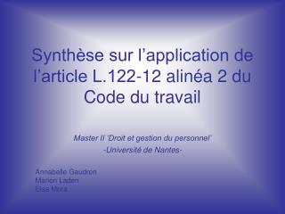 Synthèse sur l’application de l’article L.122-12 alinéa 2 du Code du travail