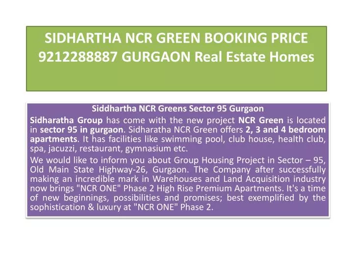 sidhartha ncr green booking price 9212288887 gurgaon real estate homes