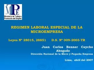 REGIMEN LABORAL ESPECIAL DE LA MICROEMPRESA Leyes Nº 28015, 28851 D.S. Nº 009-2003-TR