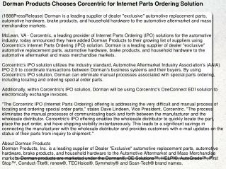 Dorman Products Chooses Corcentric for Internet Parts Orderi
