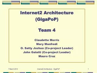 Internet2 Architecture (GigaPoP) Team 4 Claudette Morris Mary Manfredi O. Satty Joshua (Co-project Leader) John Galatti