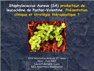 Staphylococcus Aureus (SA) producteur de leucocidine de Panton-Valentine . Présentation clinique et stratégie thérapeu