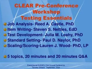CLEAR Pre-Conference Workshop Testing Essentials