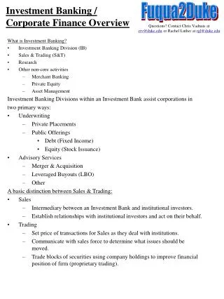 Investment Banking / Corporate Finance Overview