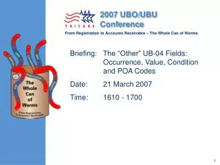 Briefing: The “Other” UB-04 Fields: Occurrence, Value, Condition and POA Codes	 Date:	21 March 2007 Time:	1610 - 1700