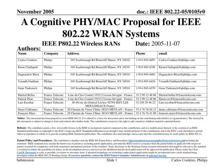 a cognitive phy mac proposal for ieee 802 22 wran systems