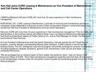 Ken Hall Joins CURE Leasing & Maintenance as Vice President