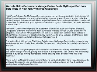 Website Helps Consumers Manage Online Deals MyCouponDon.com