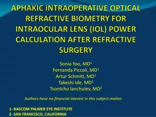 APHAKIC INTRAOPERATIVE OPTICAL REFRACTIVE BIOMETRY FOR INTRAOCULAR LENS (IOL) POWER CALCULATION AFTER REFRACTIVE SURGERY