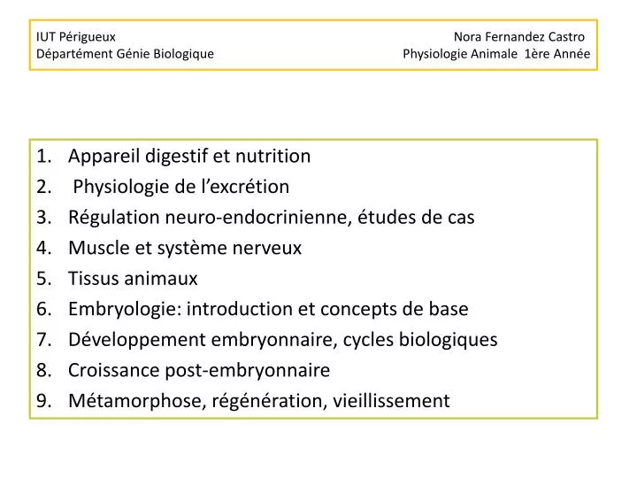 iut p rigueux nora fernandez castro d part ment g nie biologique physiologie animale 1 re ann e