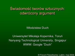 wiadomo twor w sztucznych odwr cony argument