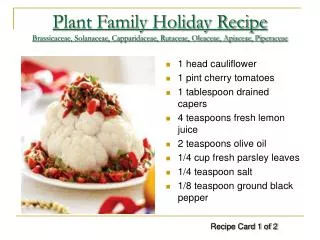 Plant Family Holiday Recipe Brassicaceae, Solanaceae, Capparidaceae, Rutaceae, Oleaceae, Apiaceae, Piperaceae