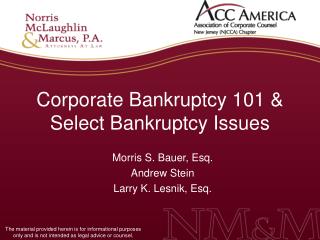Corporate Bankruptcy 101 &amp; Select Bankruptcy Issues