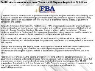 FedBiz Access Announces Joint Venture with Skyway Acquisitio