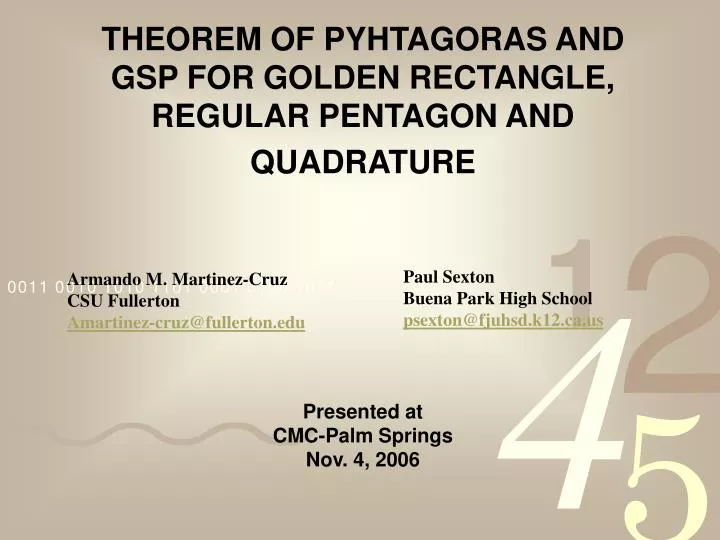 theorem of pyhtagoras and gsp for golden rectangle regular pentagon and quadrature