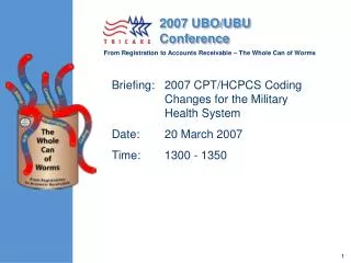 Briefing: 2007 CPT/HCPCS Coding Changes for the Military Health System	 Date:	20 March 2007 Time:	1300 - 1350