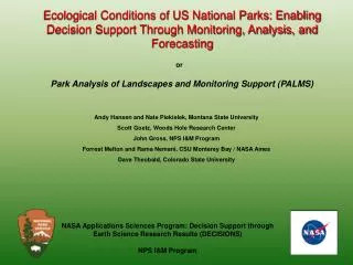Ecological Conditions of US National Parks: Enabling Decision Support Through Monitoring, Analysis, and Forecasting
