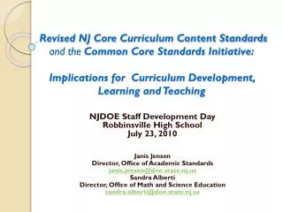 Revised NJ Core Curriculum Content Standards and the Common Core Standards Initiative: Implications for Curriculum De