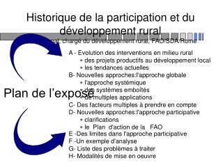 Historique de la participation et du développement rural Jean Bonnal, chargé du développement rural, FAO/SDA/Rome