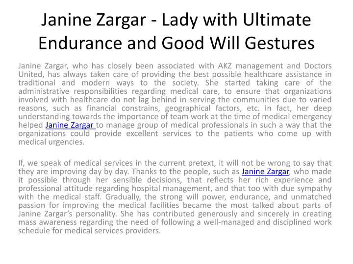 janine zargar lady with ultimate endurance and good will gestures