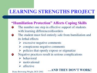 “Humiliation Protection” Affects Coping Skills 	The number one step in effective support of students 	with learning diff