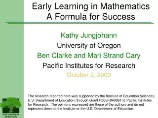 Early Learning in Mathematics A Formula for Success