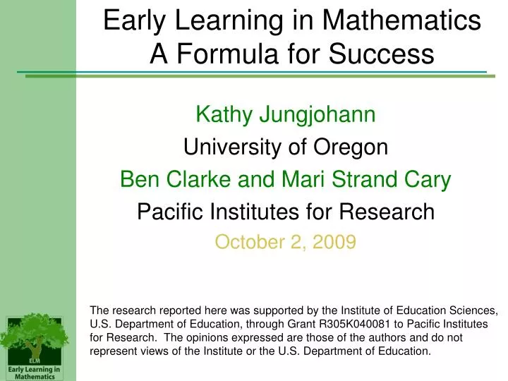 early learning in mathematics a formula for success