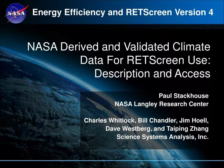 nasa derived and validated climate data for retscreen use description and access