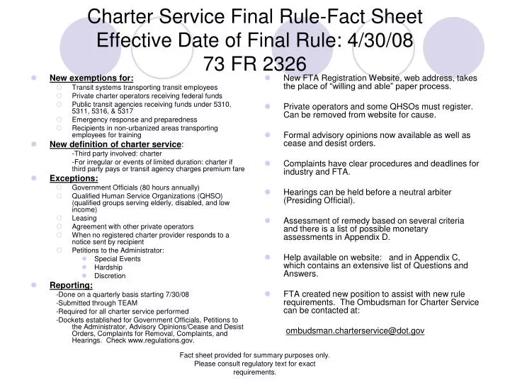 charter service final rule fact sheet effective date of final rule 4 30 08 73 fr 2326