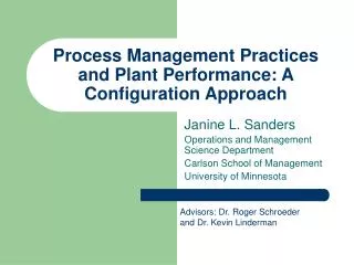 Process Management Practices and Plant Performance: A Configuration Approach