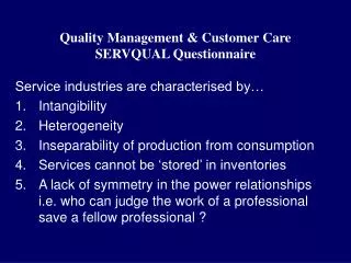 Quality Management &amp; Customer Care SERVQUAL Questionnaire
