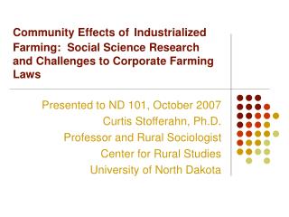 Community Effects of Industrialized Farming: Social Science Research and Challenges to Corporate Farming Laws