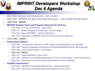 IMPRINT Developers Workshop Dec 6 Agenda
