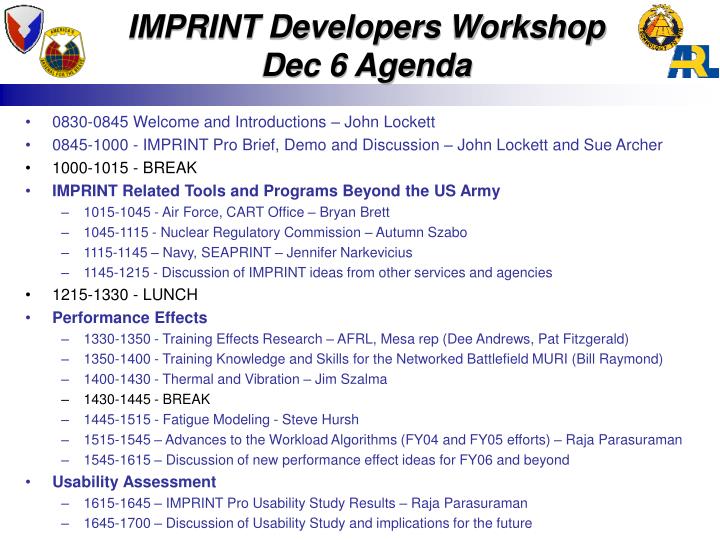 imprint developers workshop dec 6 agenda