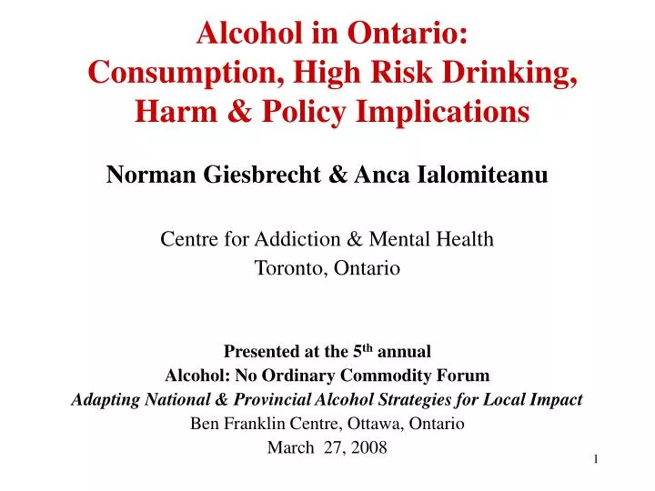 alcohol in ontario consumption high risk drinking harm policy implications