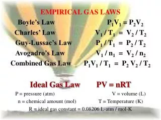 EMPIRICAL GAS LAWS Boyle’s Law			 P 1 V 1 = P 2 V 2 Charles’ Law			V 1 / T 1 = V 2 / T 2 Guy-Lussac’s Law		P 1