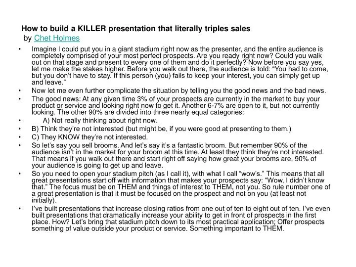 how to build a killer presentation that literally triples sales by chet holmes